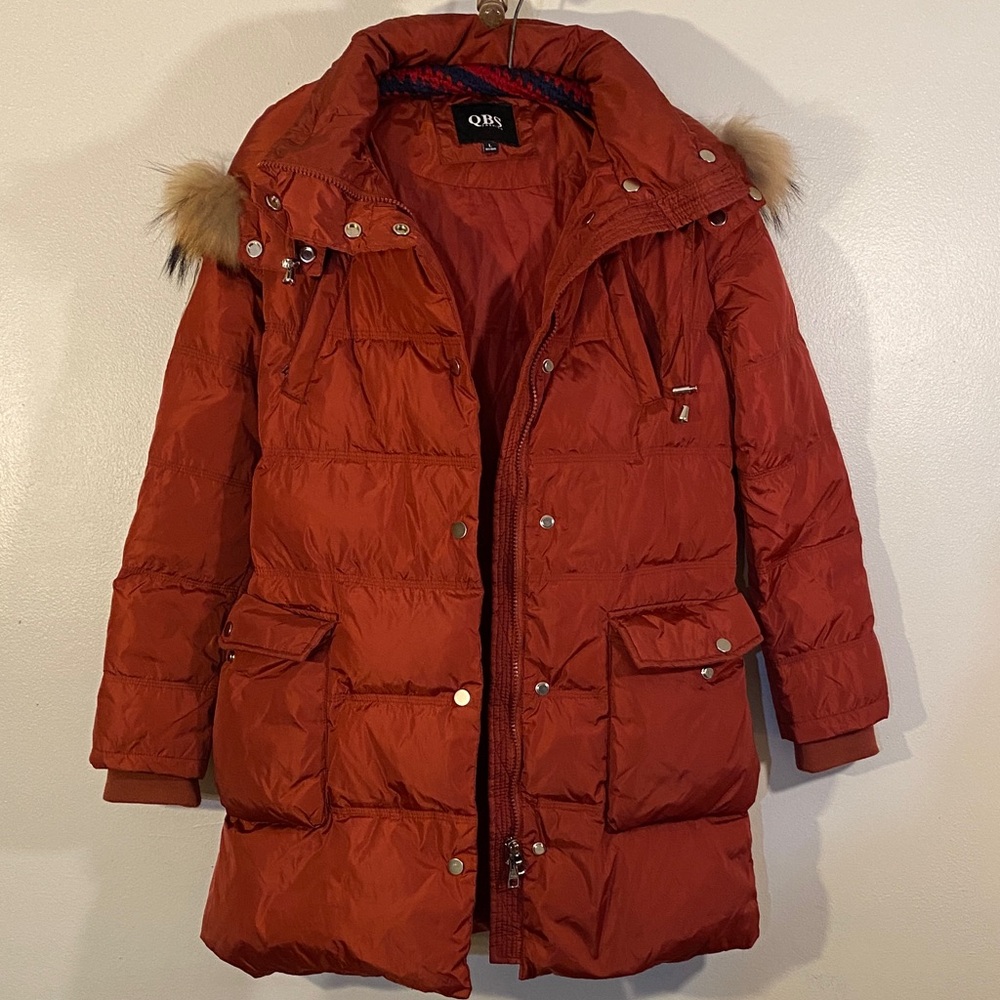 Women's Rust Orange Long Puffer Coat with Faux Fur Trim